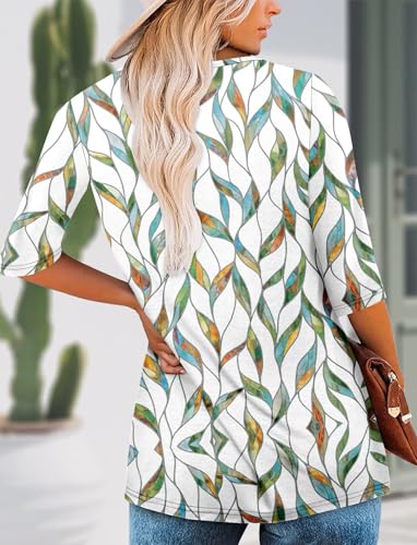 KISSMODA Tunic Tops for Women Loose Fit Dressy Round Neck Pleated 3/4 Length Sleeve Spring Tops