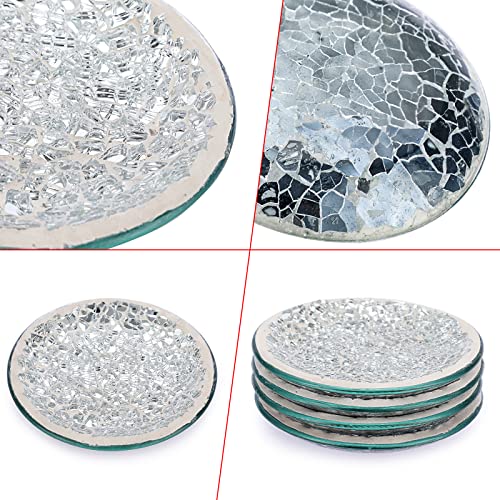Ownmy Set Of 4 Silver Mosaic Glass Candle Plates 4 Inch Pillar Candle Holder Plates, Glass Mosaic Candle Coasters Small Round Candle Trays Decorative Glass Pillar Candle Stands For Table Centerpieces #TOP3