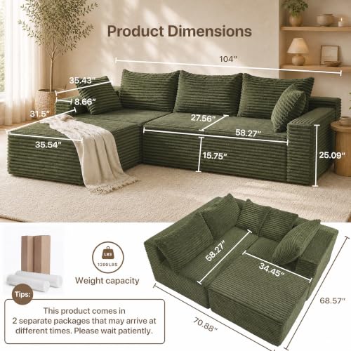 Image of Claiks 104 inch Boneless Couch, Cloud Couch Sectional, Green