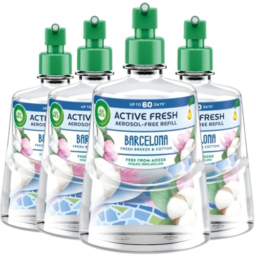 Air Wick Active Fresh Aerosol-Free Automatic Air Freshener Refills Barcelona Fresh Breeze & Cotton Scent Home & Office Odour Eliminator Fragrance 204ml Pack of 4