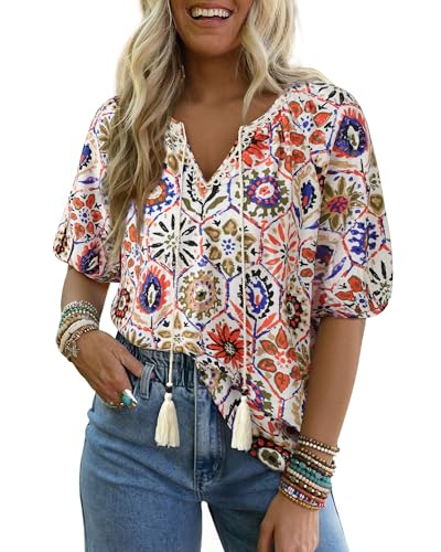 Vivilli Womens Summer Boho Tops Casual V Neck Short Sleeve Blouses Floral Print Shirt Tie Front Flowy Vacation Clothes2