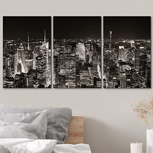Wall26 Canvas Print Wall Art Set Aerial View Of New York City Skyline Panorama Architecture & Maps Cityscape Photography Realism Rustic Relax/Calm For Living Room, Bedroom, Office - 24"X36"X3 Panels #TOP2