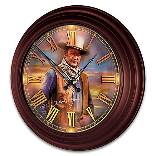 The Bradford Exchange John Wayne: Timeless Legend Outdoor Illuminated Atomic Wall Clock Featuring A Glass-Encased Face with Roman Numerals & The Duke's Replica Signature (Brown)
