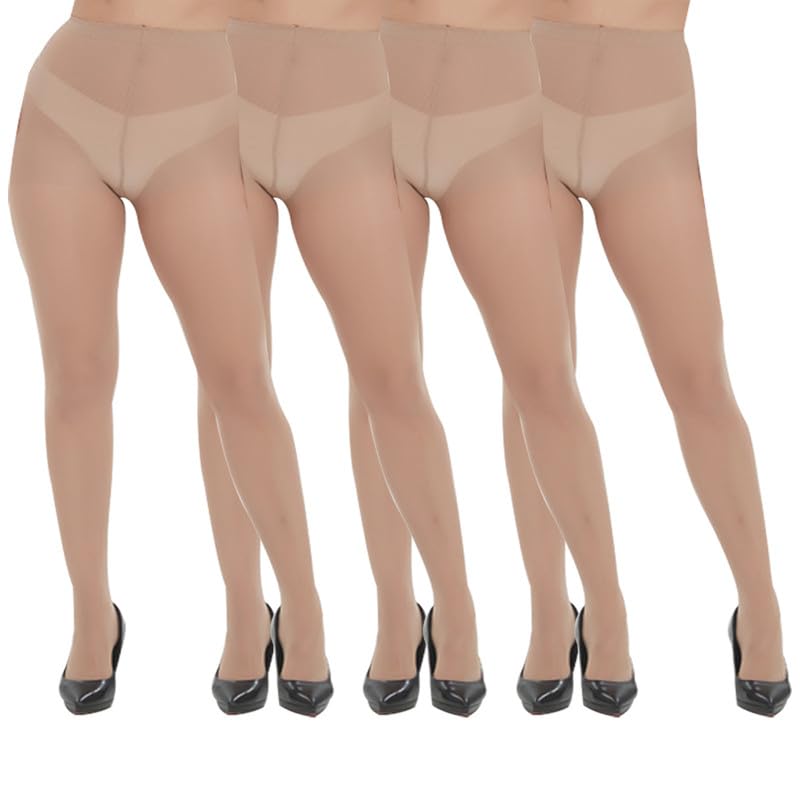 4Pairs Quality Sheer Tights for Women - 30 Denier Control Top with Reinforced Toes Pantyhose