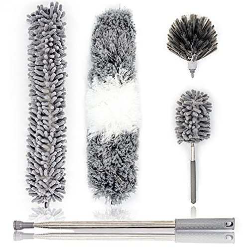 Image of 5Pcs Microfiber Feather Duster Cobweb Remover and Ceiling Fan Duster with Telescopic Pole 3-Stage Stainless Steel Handle - 100 inch Dust Remove Cleaning Brush Tool Set
