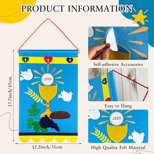 LAIAMER 4 Sets First Communion Banner Kit for Boys Girls DIY First Holy Communion Banner Kits Catholic Church and Sunday School Crafts Supplies for Kids First Communion Felt Decor Set