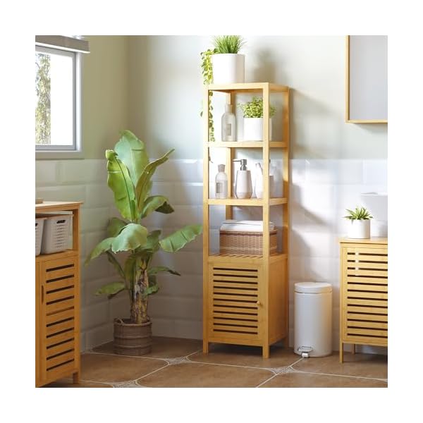 HOMCOM Badschrank Badezimmerschrank mit 3 offenen Fächern, Aufbewahrungsschrank aus Bambus, Toilettenschrank für Badezimmer, Natur, 36 x 33 x 140 cm – Bild 3