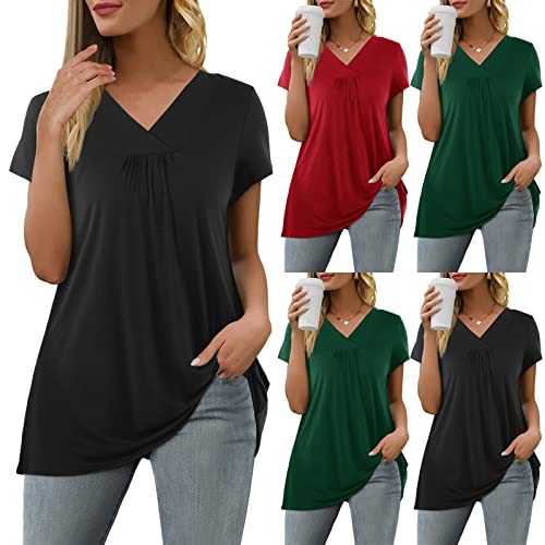 Blusas de verão para mulheres elegantes franzidas gola V emagrecedora cintura manga curta camiseta c