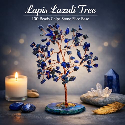 Image of REMEDYWALA Charged Lapis Lazuli Crystal Tree with Agate Slice Base for Reiki Healing 100 Beads