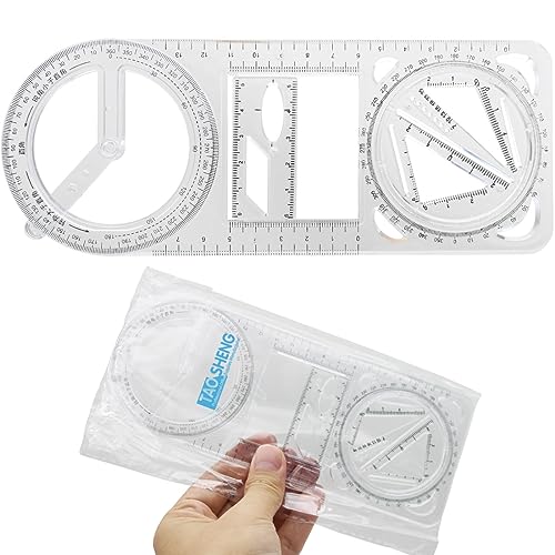 TAOSHENG Multifunctional Geometric Ruler, Transparent Plastic Movable Drawing Template Measuring Math Ruler Tool for Teacher Student Home School Office Supplies, Clear 1 Pack