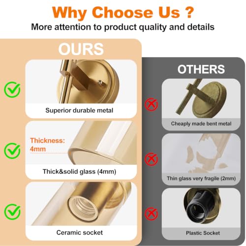 Image of MOKATNG Hardwired Wall Sconces Set of Two, Brushed Gold Bathroom Sconces with Amber Glass, Modern Wall Light Fixtures for Bathroom Mirror Vanity, Living Room, Hallway, Stairway, Cabinet, Foyer