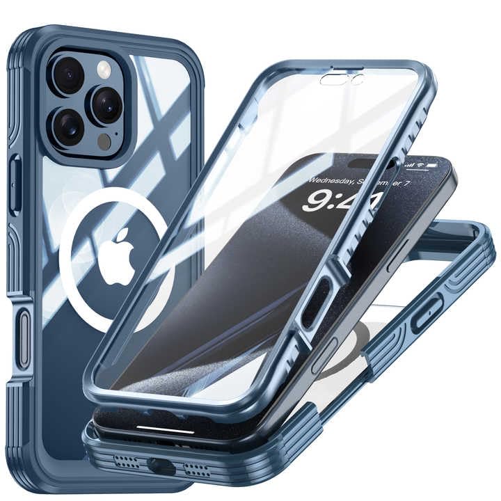 Image of LuxuryKase Shockproof Front & Back Cover for iPhone 16 Pro with Full Body Protection | Strong Grip | Camera & Screen Guard | Wireless Charging Support | Durable TPU+PC Design - Blue