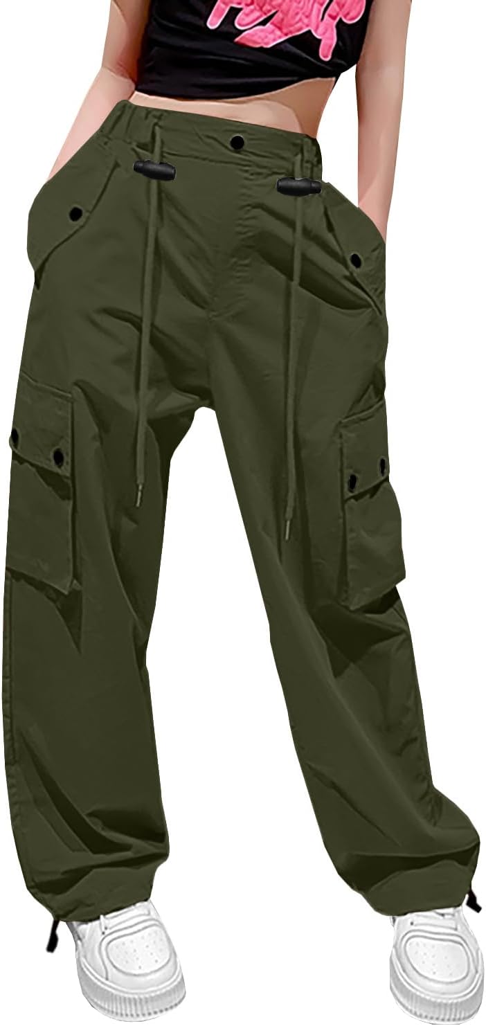 HENGAO Girls Drawstring Cargo Pants Casual Y2K Parachute Pants 5-14 Years
