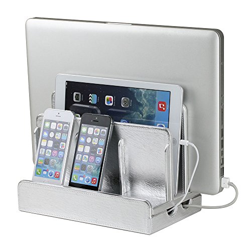 G.U.S. Multi-Device Charging Station Dock & Organizer - Multiple Finishes Available. For Laptops, Tablets, and Phones - Strong Build, Silver Leatherette