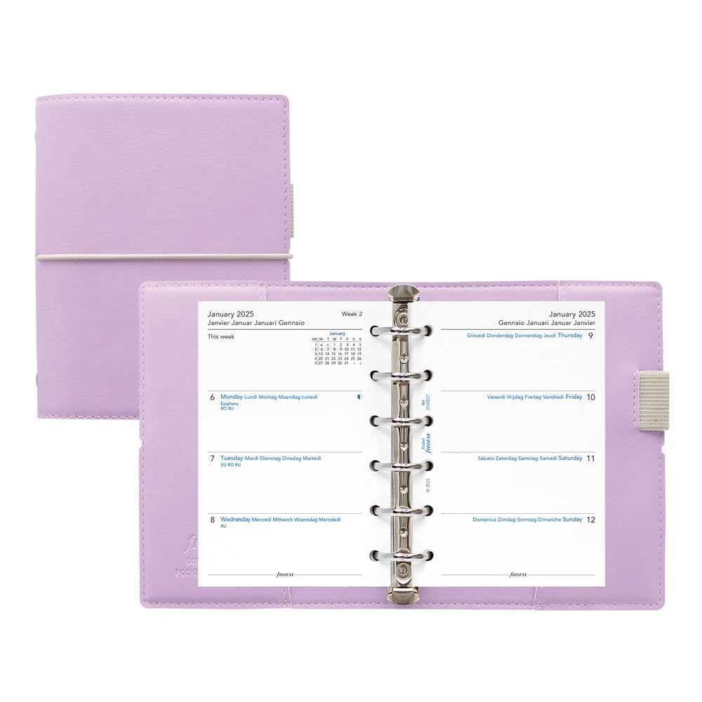 Filofax Domino C022609-25 - Agenda settimanale 2025, formato tascabile, formato tascabile, liscia, effetto pelle, effetto grana, tattile, a sei anelli, visualizzazione settimanale, multilingue