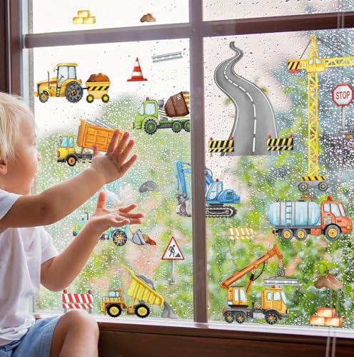 WandSticker4U®- Frühling Fensterbilder Kinder selbstklebend BAUSTELLE (65x62 cm) I Fenstersticker Kinder wiederverwendbar Autofahrt Fahrzeuge Bagger Kran I Fensterdeko Kinderzimmer Junge Auto