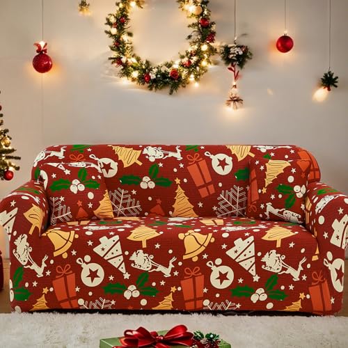 DJY Capa de sofá de Natal, capa de sofá macia e elástica com tema estampado de presente de Natal para sofás, capa de sofá universal com 3 almofadas para decoração de Natal em casa