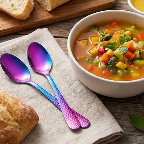 Image of 8.1 inch Hammered Rainbow Silverware Dinner Spoons | 5-Piece Premium Stainless Steel Flatware Set | Dishwasher Safe Cutlery Set for Home, Restaurant & Gifting