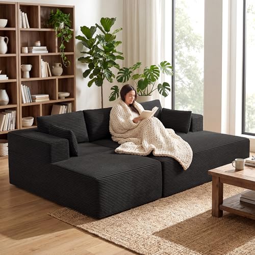Image of GRUSIGN 106 inch Oversized Sectional Boneless Sleeper Sofa Bed Couches for Living Room, Modular L Shaped Couch with Left Facing Chaise & Big Ottoman, Compressed Spineless Corduroy Cloud Sofas, Black