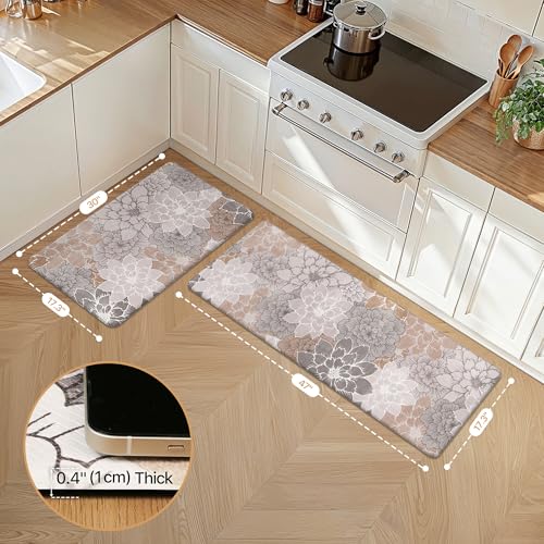 GENIMO Kitchen Mats for Floor, Kitchen Rugs Non Slip Washable Sets of 2, Waterproof Cushioned Anti Fatigue Mat, Floral Runner Rug for Laundry, Sink, Office, Home, 17.3