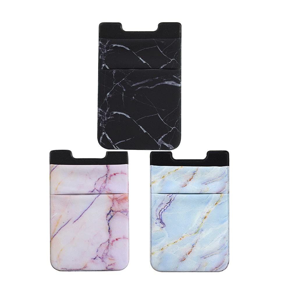 Adhesive Stretchy Marble Cell Phone Stick On Wallet, Card Holder for Back of Phone Wallet Stick On-3pcs (Pink-Black-Blue)