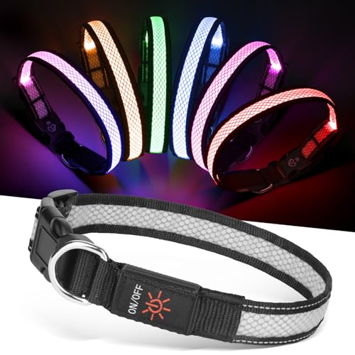 Weesiber Light Up Dog Collar - Flashing LED Dog Collar Rechargeable, Reflective Pet Collar, Glowing Safety Doggy Lights for Night Walking (RGB, Large(48-60cm))