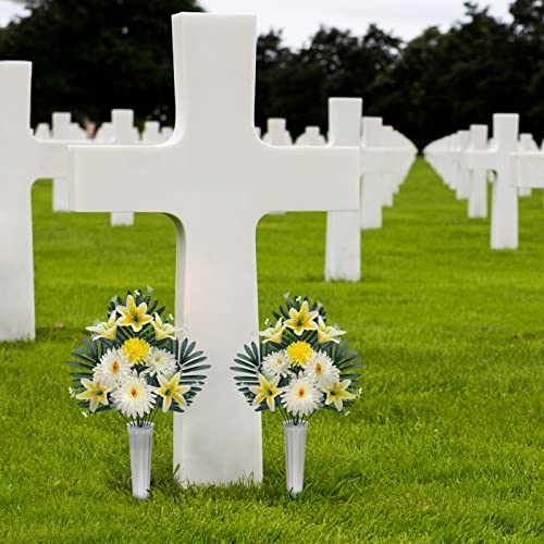 Nubato Artificial Cemetery Flowers For Grave, Set Of 2 Yellow Chrysanthemum Lilies Bouquet Memorial Flowers With Vase, Artificial Silk Grave Flower For Outdoor Cemetery Graveyard Gravestone Decoration #TOP6