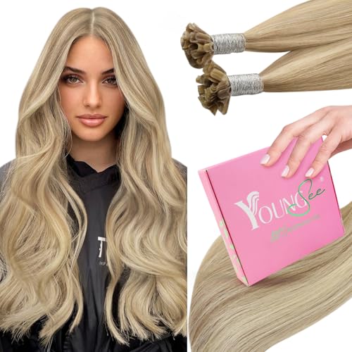 Image of YoungSee U Tip Hair Extensions Blonde Highlight Remy Human Hair Utips Extensions Blonde U Tips Hair Extension Human Hair Highlight Ktip Hair Extension for Women Hot Fusion 20In 1G /S 50G