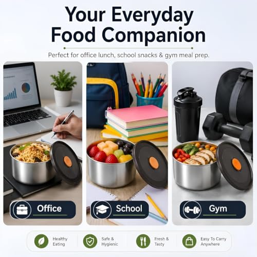Image of Sinbyuer Stainless Steel Lunch Box 500ML with Airtight Lid, Food Storage Container for Office, School & Travel, Reusable Steel Tiffin Container for Snacks, Meals & Leftovers (2)