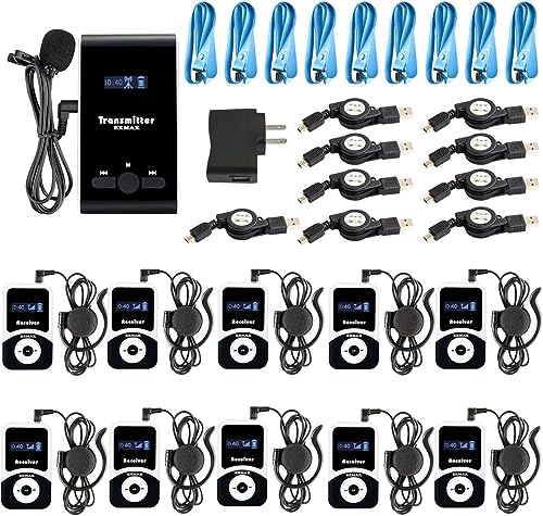 EXMAX EX-100 Sistema inalámbrico de guía turística con micrófono y auricular para interpretación simultánea, conferencias, viajes y enseñanzas (1 transmisor 10 receptores) miniatura 1