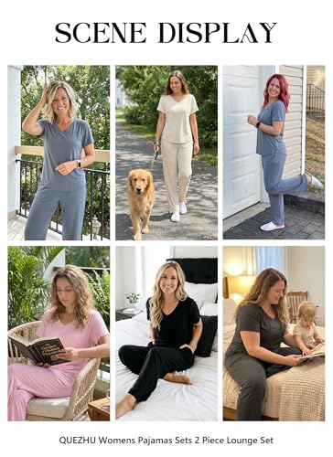 Image of QUEZHU Women's Summer Pajamas Sets Short Sleeve Tops and Long Pants 2 Piece Lounge Soft Pjs Loungewear with Pockets
