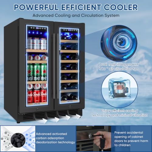 Image of Wine and Beverage Refrigerator 24 inch, Dual Zone Wine & Beverage Cooler with Glass Door and French Door, Built-In /Freestanding Wine and Beer Fridge Holds 21 Bottles & 88 Cans for Home /Bar - Black