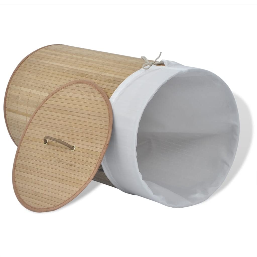 Cesto portabiancheria rotondo in bambù naturale, con sacchetto in poliestere rimovibile, 35 x 60 cm, leggero, con manici, per bagno, camera da letto, lavanderia