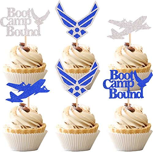 24 Pcs Air Force Cupcake Toppers Blue Silver Glitter Boot Camp Bound Airplane Cupcake Picks For Military Emblem Theme Wedding Birthday Party Cake Decorations Supplies #TOP7