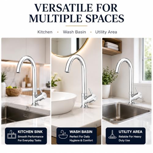 Image of ZAP Pluto Swan Neck Kitchen Tap | Premium Brass Body with Chrome Finish | Deck Mounted Faucet for Kitchen Sink & Wash Basin | Smooth Water Flow | Rust Resistant Long Neck Water Tap