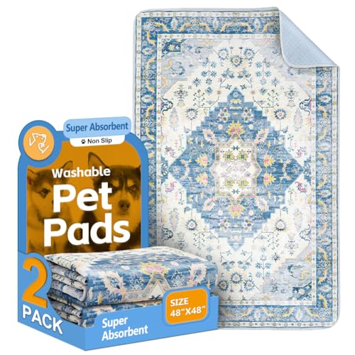 Image of Washable Pee Pads for Dogs, 2 Pack Reusable Puppy Training Pads 48 inchx48 inch Super Absorbent Waterproof Dog Training Pads, Non-Slip Potty Pads, Whelping Pads Litter Mat Blue Medallion