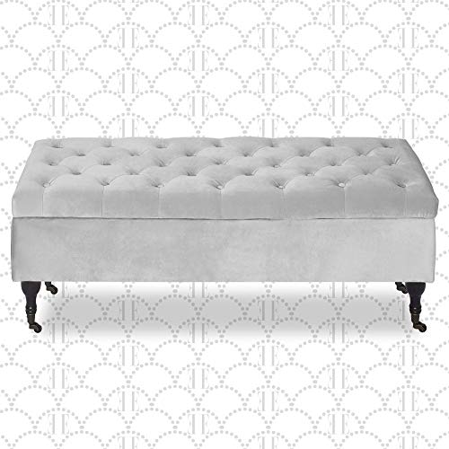 Elle Decor Collette Chic Tufted Upholstered Storage Bench Fabric Padded Ottoman for Bedroom, Pearl Gray Velvet