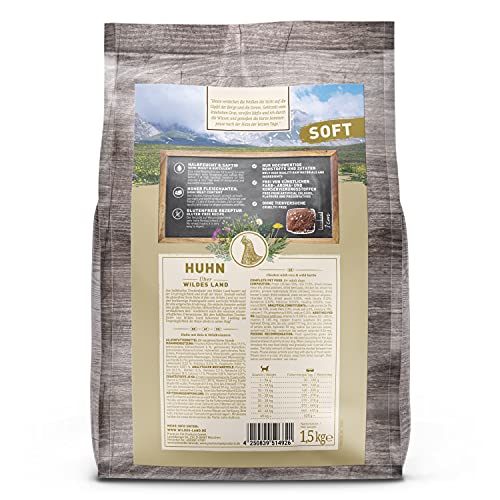 Wildes Land - Halbfeuchtes Trockenfutter für Hunde - Huhn - 1,5 kg - Soft mit Reis und Wildkräutern - Glutenfrei - Extra viel Fleisch - Für alle Hunderassen - Beste Akzeptanz