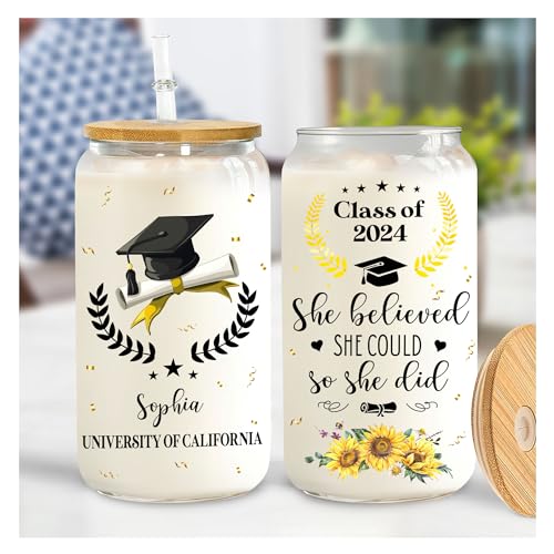 Hyturtle Personalized Graduation 2024 Glass Cup - She Believed She Could So She Did - Glass Cup 16 Oz With Lids And Straws, Gift For Her, Graduated Student, Senior, Back To School, Gift For Friend
