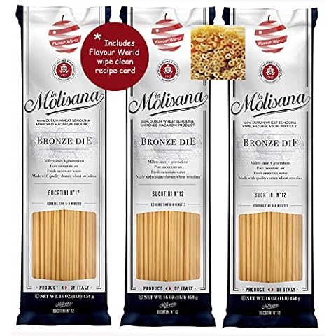 La Molisana Bucatini No. 12 Italian Dried Pasta 1.5kg (3 x 500g Packs) with Wipe Clean Recipe Card Cover