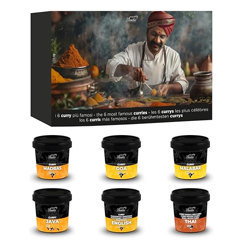 Set 6 Currys del Mundo Bembo – Mezcla de Especias Curry Gourmet – Madras, Goa, Malabar, Java, Inglés, Thai Rojo – Regalo Cocina