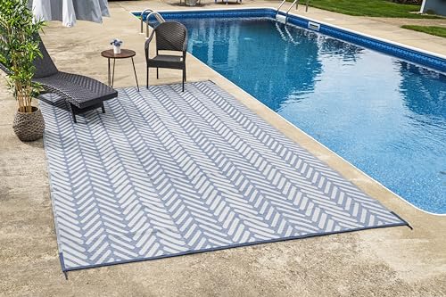 FH Home Outdoor Camping Rug – Waterproof, Fade Resistant, Reversible – Premium Recycled Plastic – Herringbone – Large Patio, Deck, Sunroom, RV – Fresno – Light Blue – 9 x 12 ft Foldable