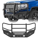 Hooke Road Sierra 1500 Front Bumper Grille Brush Guard for 2016-2018 GMC Sierra 1500, Steel Push Bull Bar Full-Width Bumper with 12,000 lbs Winch Plate, D-ring Mounts & LED Lights