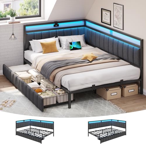 DICTAC Polsterbett Schlafsofa 140x200 mit 2 Schubladen und USB-Ladestation Betten 140x200 mit LED-Beleuchtung & Lattenrost aus Metall, Tagesbett, Doppelbett, Gästebet, Leinen-ohne Matratze,Dunkelgrau