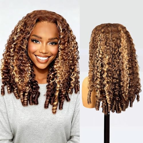 Image of XSY Highlight Ombre P2 /30# Burmese Curly Half Wig Human Hair 3 In 1 Drawstring Seamless Flip Over Half Wigs for Black Women Wear Go Headband Wig Beginner Friendly 16 Inch