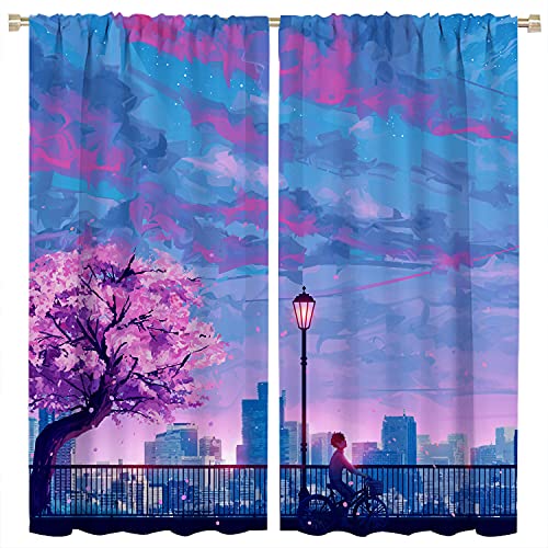 Anime Window Curtain Fabric 45 Inch Length,Rod Pocket Bicycle Drawing Landscape Coloful Bedroom Blackout Curtains Thermal Insulating for Child Living Room,42X45 Inch