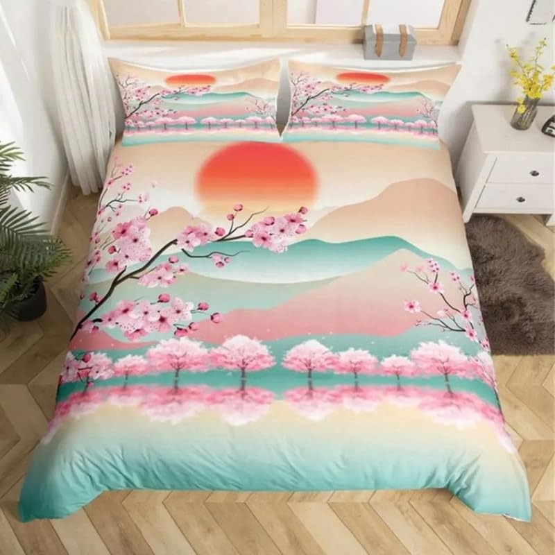 Housse de couette 140x200 cyan japonais en microfibre 110g/m² avec 2 taies d'oreiller