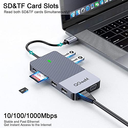 Image of QGeeM USB 3.0 Laptop Docking Station, Triple Display USB Hub Hdmi Splitter Extender Dual Monitor,USB Dock with 2 HDMI,VGA,USB 3.0,Compatible for MacBook M1 M2 M3 M4 Dell HP Lenovo Mac OS-Grey