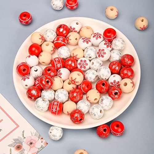 MFUOE 60 Pieces Snowflake Beads 16mm Christmas Wooden Beads with 30 Feet Twine for Crafts Ornaments Jewelry Making