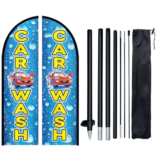1PC Double Sided Car Wash Feather Flag with Pole Kit 1.6x6.1FT Banner Outdoor Car Wash Advertising Flag Set with Durable Polyester High Visibility Sign for Auto Wash Detailing Shop Roadside Promotion